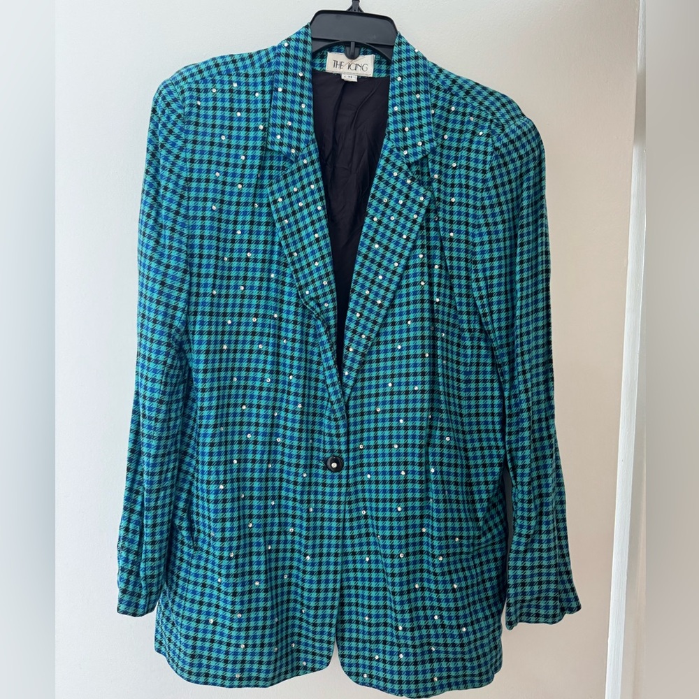 Vintage Teal Checkered Blazer + Diamanté Detail